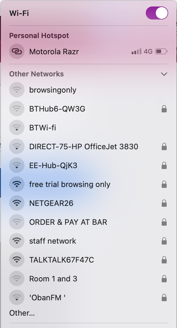 List of wireless networks including one literally called 'free trial browsing only'