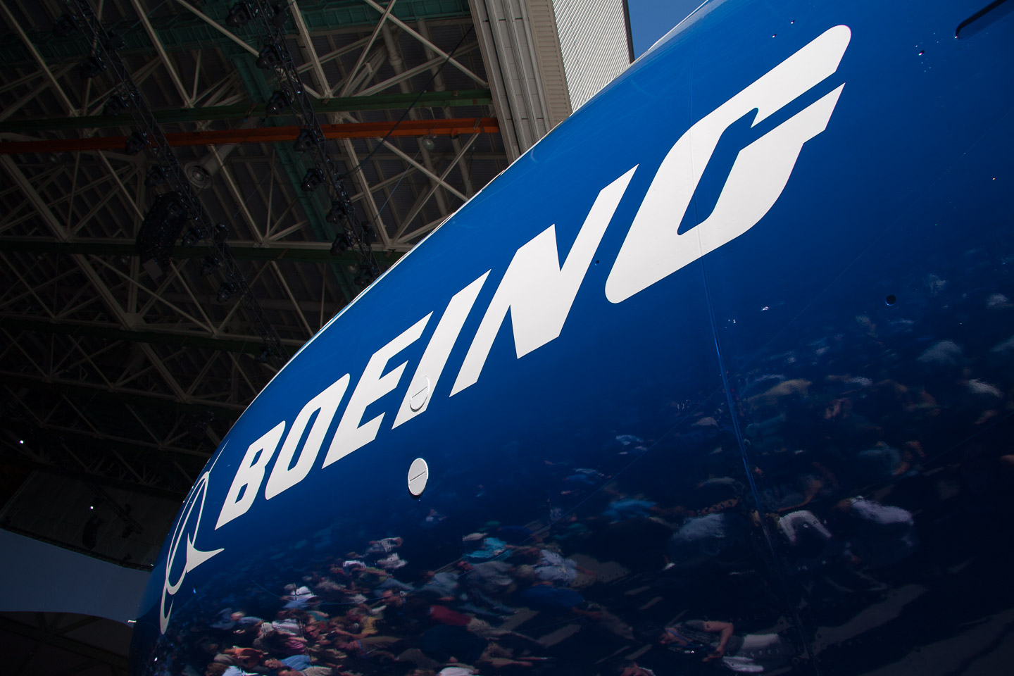 The Boeing logo on the side of ZA001